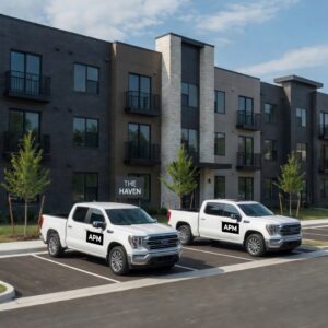 property management trucks parked outside building