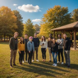 small startup company staff party at a bbq near their office